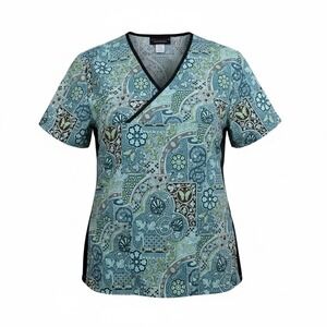 Melrose Women's Mock Wrap Scrub Top Size Large Teal Greak Tile Brown Green New